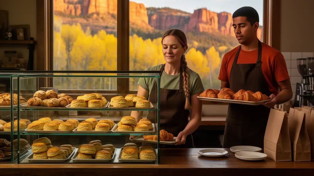 Two baristas restocking a glass pastry case with fresh scones and croissants, golden aspens and red cliffs outside.